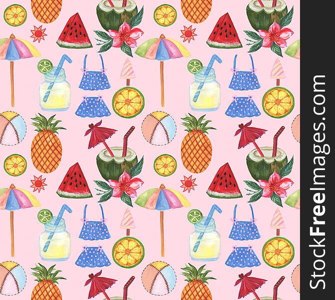 Watercolor gouache summer beach jungle seamless pattern tree, leaf, fruit, food, botanice, doodle background Hand painted