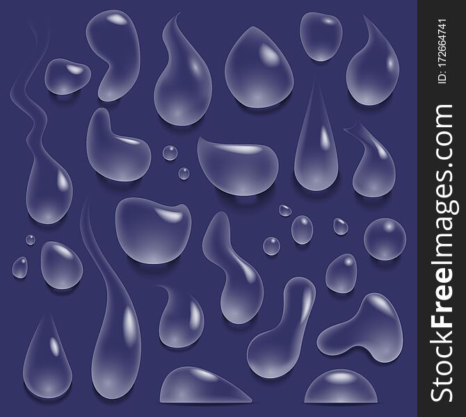 Water drops. Realistic drop of pure water, rain droplets and splashes, teardrops of different shapes vector illustration