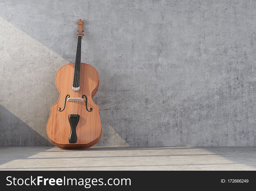 Double bass on concrete wall background. 3d rendering