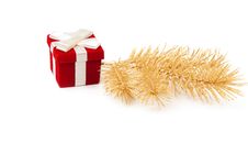 Red And Gold Gift Box With Fir Branches Stock Image