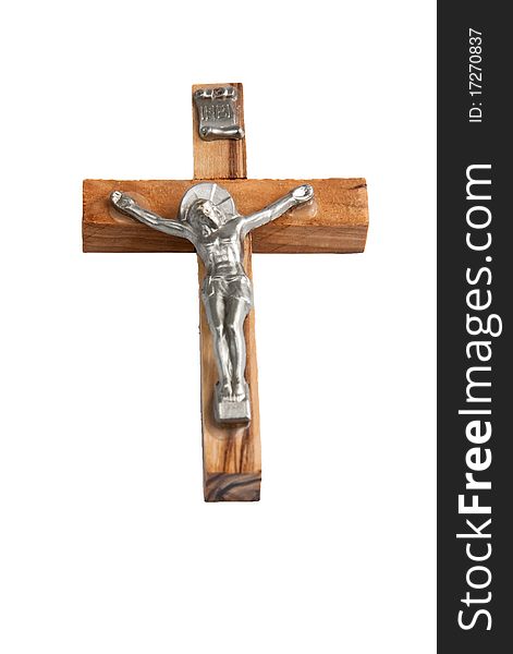 Wooden cross with Jesus on a white background