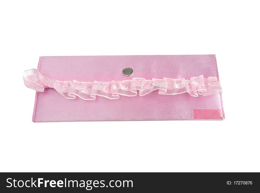 Children's pink purse with a lace on a white background. Children's pink purse with a lace on a white background