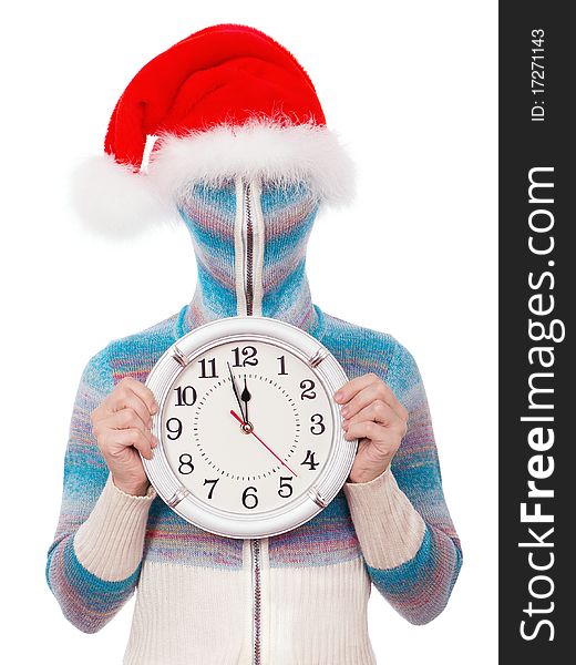Portrait of a girl in cardigan with a hood with no face â€“ Santa with clock. Portrait of a girl in cardigan with a hood with no face â€“ Santa with clock