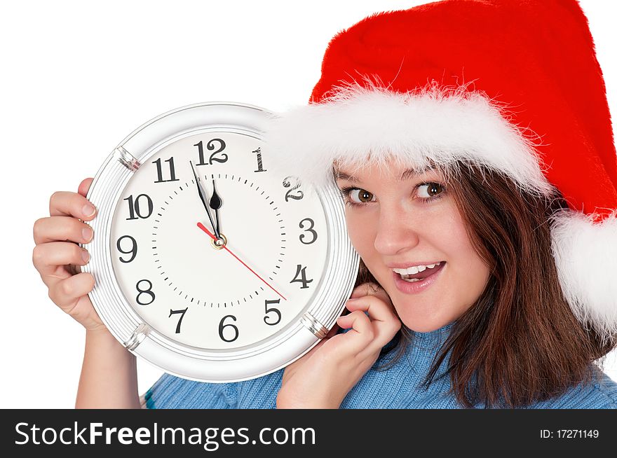 Portrait of a teenage girl with clock. Isolated on white background.