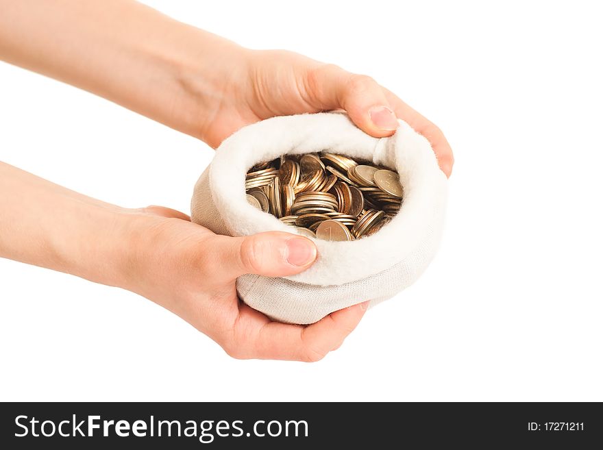 Hand Holds Bag With Coins