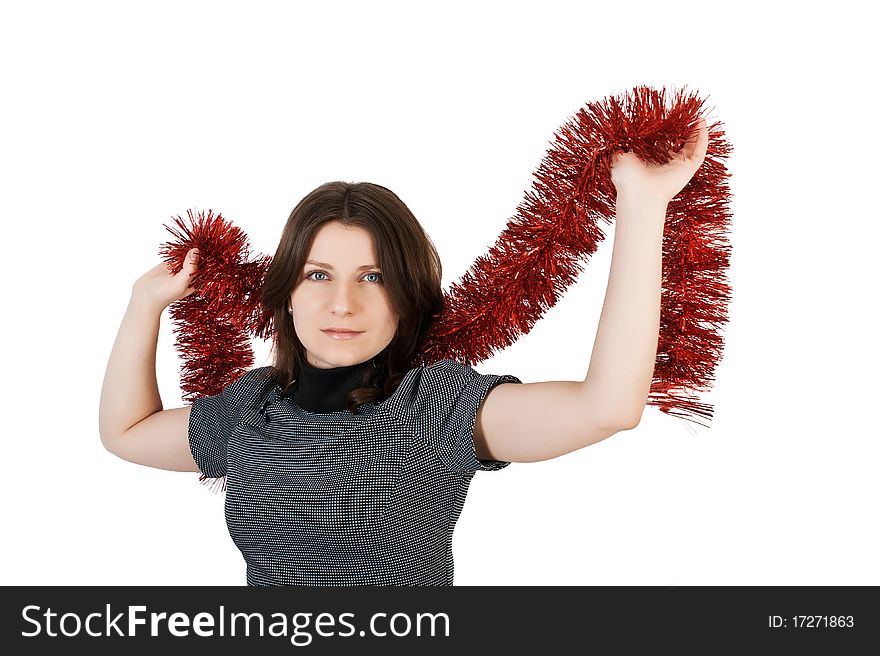 Young woman with a tinsel on a white background. Young woman with a tinsel on a white background