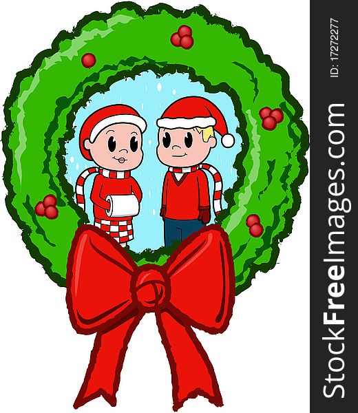 This is an illustration of a couple of kids posing and dressed for christmas in a wreath. This is an illustration of a couple of kids posing and dressed for christmas in a wreath