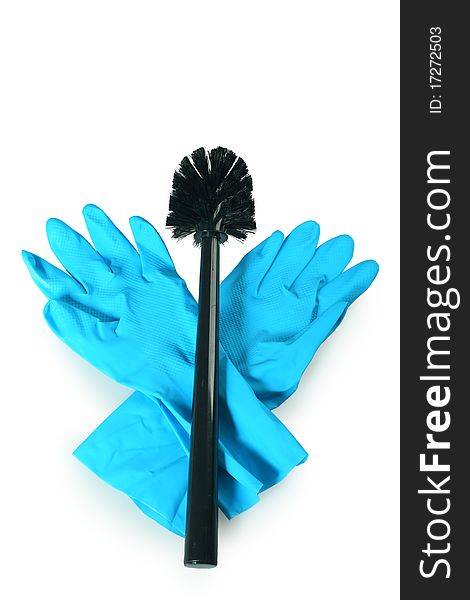 Close-up of a black toilet brush with blue work gloves. Isolated over white blackground.