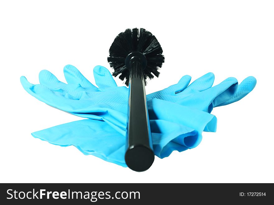 Close-up of a black toilet brush with blue work gloves. Isolated over white blackground. Close-up of a black toilet brush with blue work gloves. Isolated over white blackground.