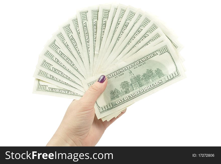Hundreds of dollars in a hand, with clipping path. Hundreds of dollars in a hand, with clipping path