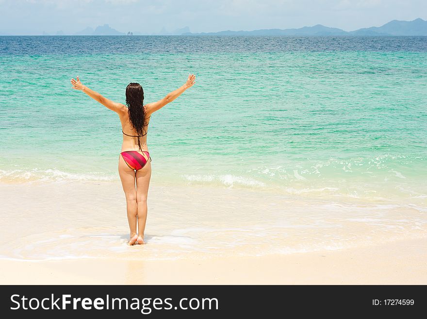 Young woman standing on beach with arms raised. Young woman standing on beach with arms raised