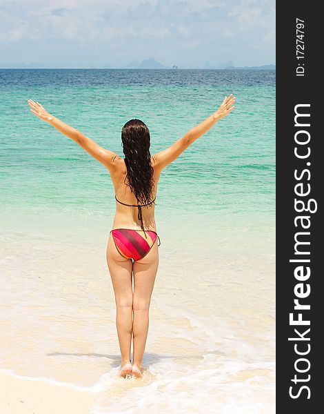 Young woman standing on beach with arms raised. Young woman standing on beach with arms raised