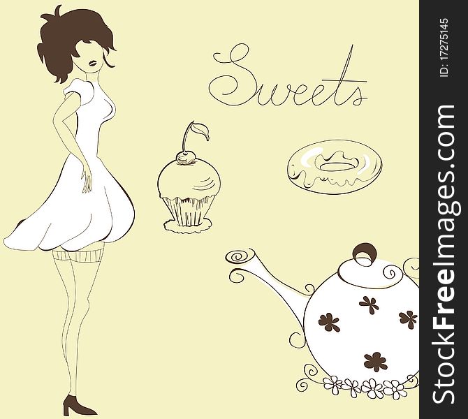 Woman with sweets. Universal template for greeting card, web page, background