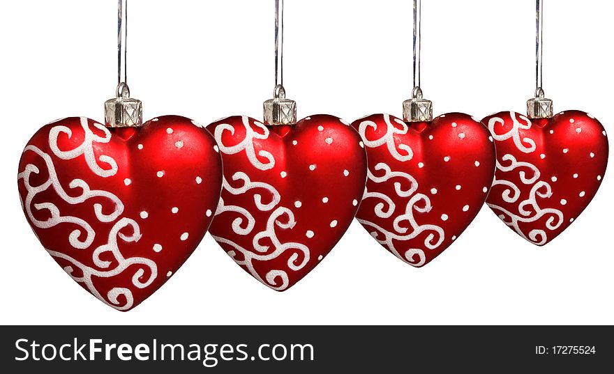 Red christmas hearts on white background