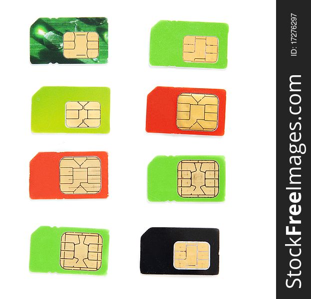 Eight colorful sim card on a white background