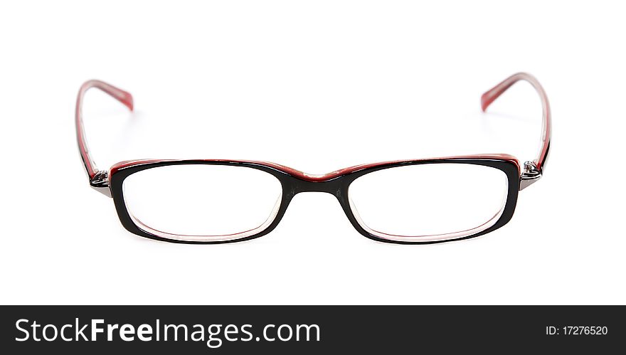 Stylish red glasses on a white background