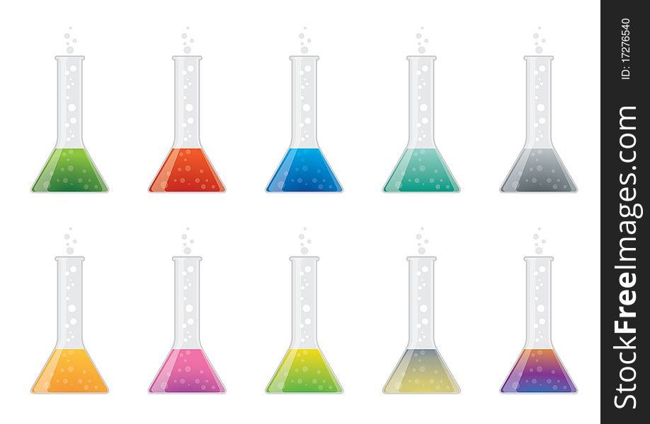 Vector illustration of various colorful liquids in chemistry flasks, with bubbles. Vector illustration of various colorful liquids in chemistry flasks, with bubbles.