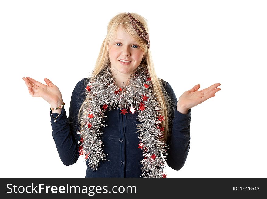A beautiful young girl in the Christmas tinsel on a white background