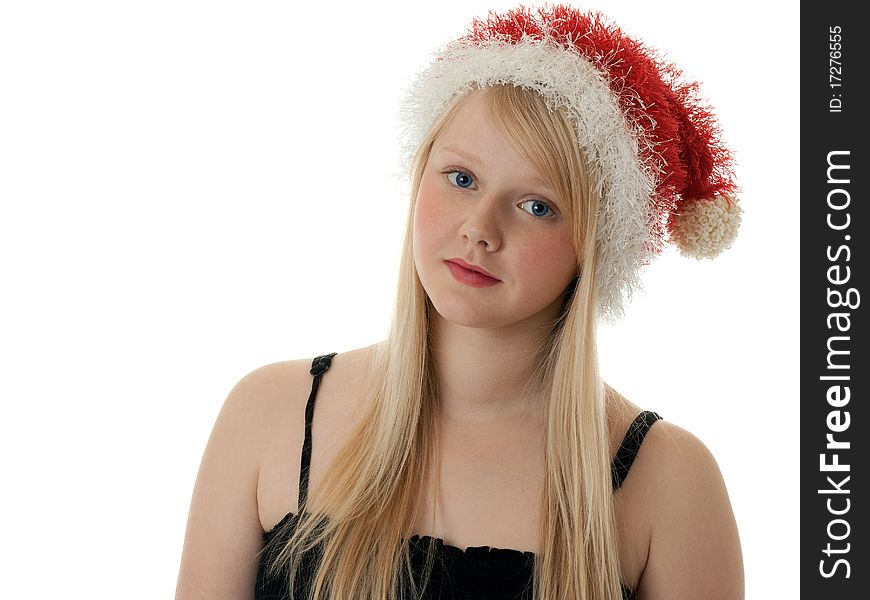 Beautiful blonde girl in a Santa hat on a white background