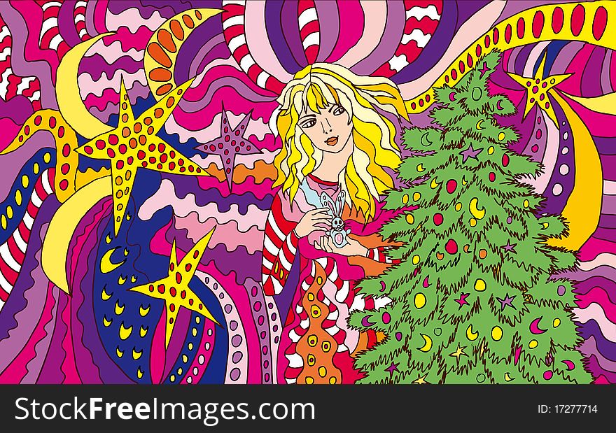 Teenage girl staying near christmas tree with rabbit toy at fairy background