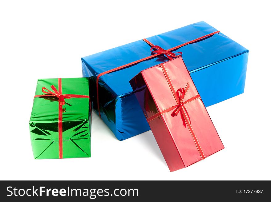 Gift boxes decorated with ribbon isolated on white background.