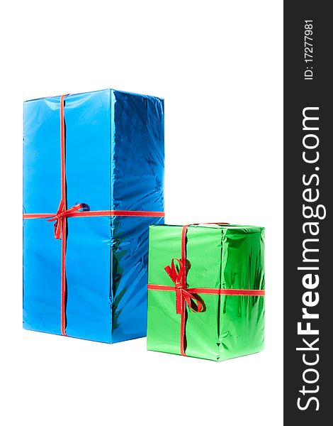 Gift boxes decorated with ribbon isolated on white background.