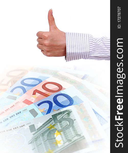 Euro money and hand make thumbs up isolated over white. Euro money and hand make thumbs up isolated over white.