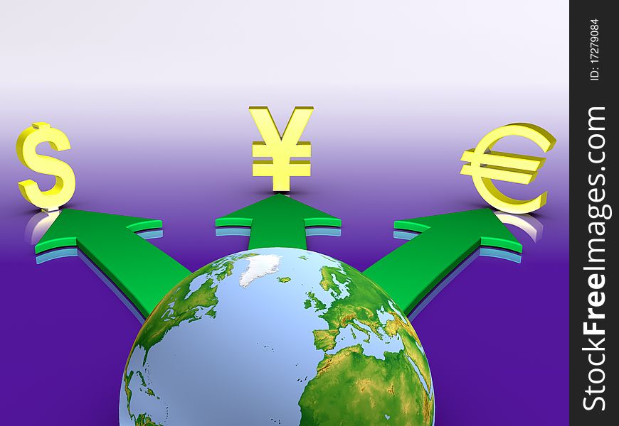 3D image transition of economic to other currency. 3D image transition of economic to other currency