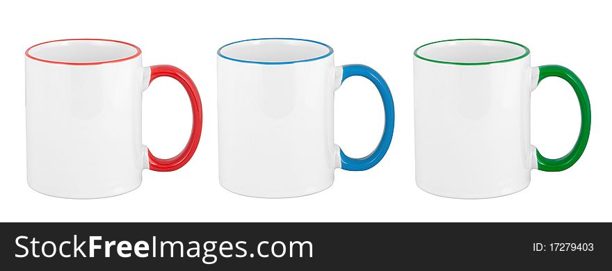Three Opaque Color Mugs Isolated On White