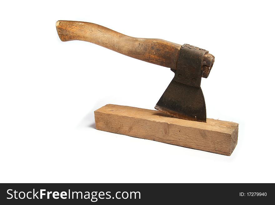 Axe and wood isolated on white background