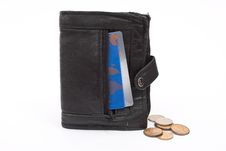 Coins And Plastic Cards In Black Wallet Stock Photos
