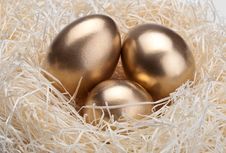 Three Golden Eggs In The  Nest Royalty Free Stock Photography