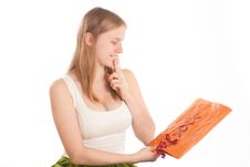 Young Woman Sit With Gift Bag Royalty Free Stock Images