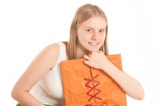 Woman Sit With Gift Bag Royalty Free Stock Photo
