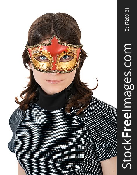 Young woman wearing a mask on a white background