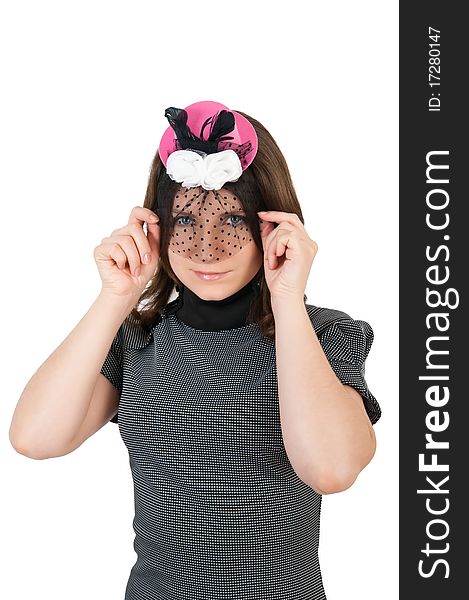 A young woman in a pink hat on a white background