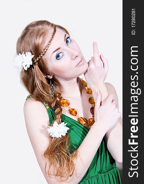 Red-head Sensual Woman In Green Dress