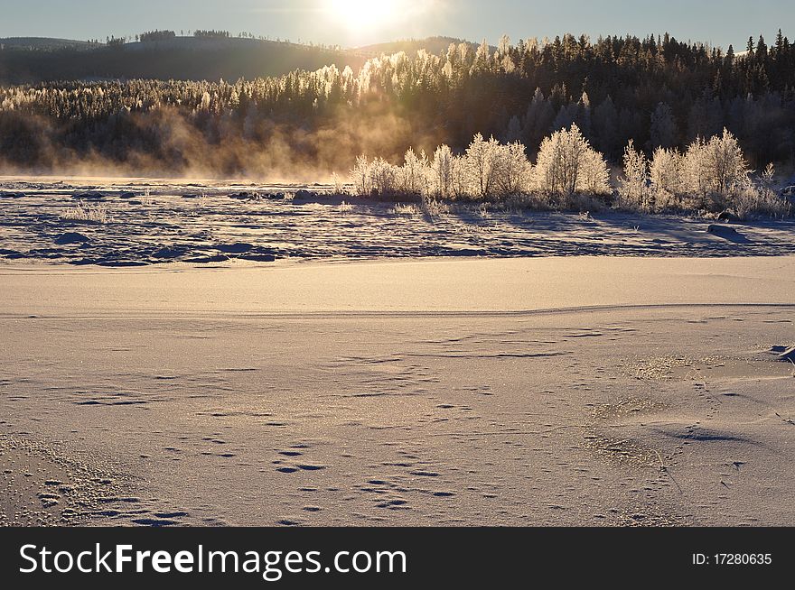 Storforsen waterfall in scandinavia in winter