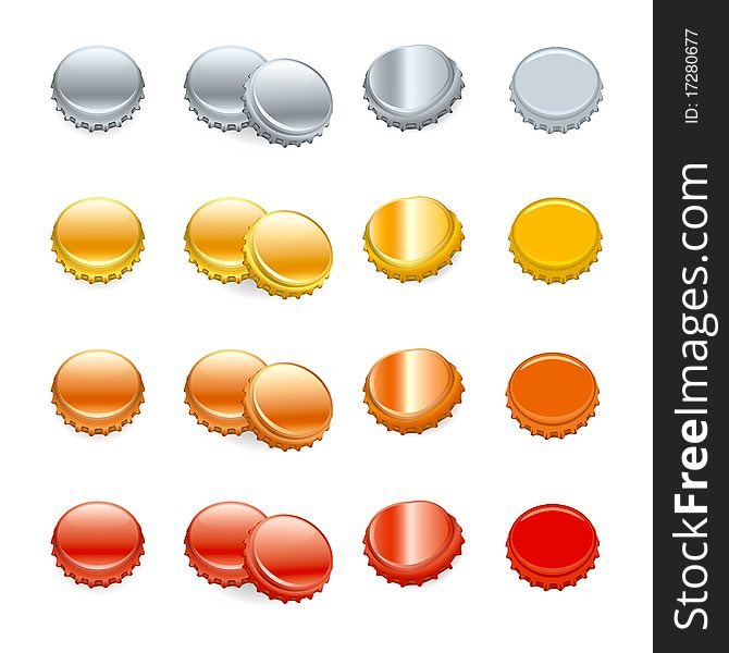 Vector illustration of Bottle Caps - Silver, Gold, Orange, Red. Full compatible gradients. Vector illustration of Bottle Caps - Silver, Gold, Orange, Red. Full compatible gradients