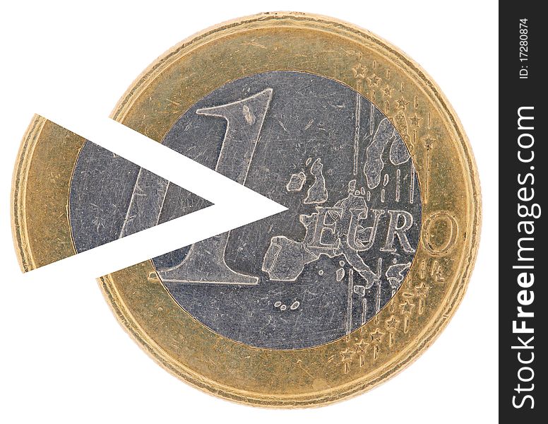 Coin 1€ with a remoted sector on a white background.