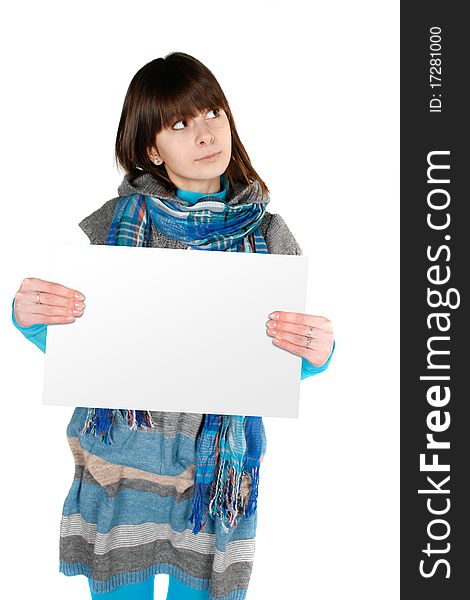 Portrait of a lovely young female holding blank sheet against white background. Portrait of a lovely young female holding blank sheet against white background