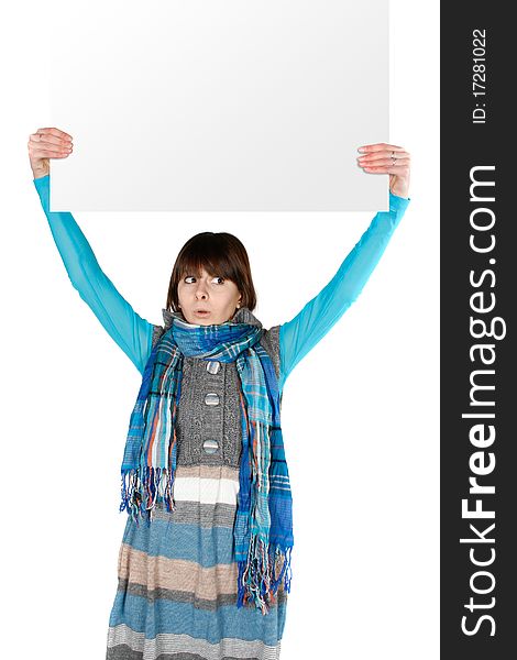 Portrait of a lovely young female holding blank sheet against white background. Portrait of a lovely young female holding blank sheet against white background