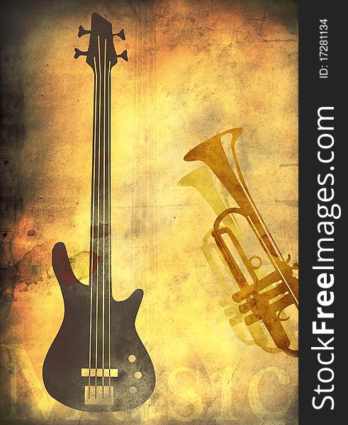 Grunge background with guitar and trumpet