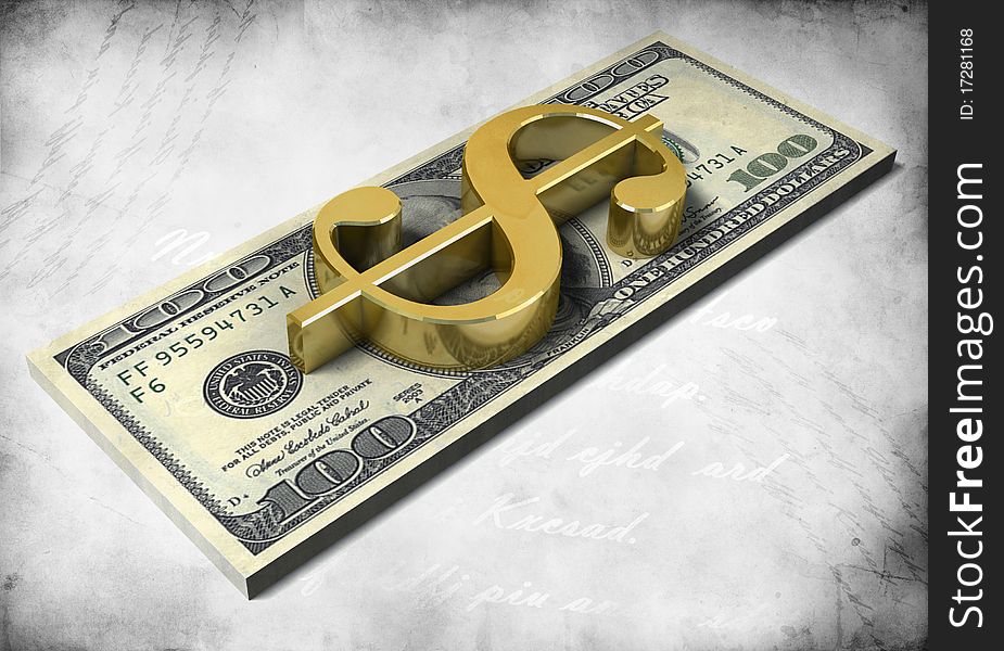 Pack of dollars and golden 3d dollar sign on grunge background
