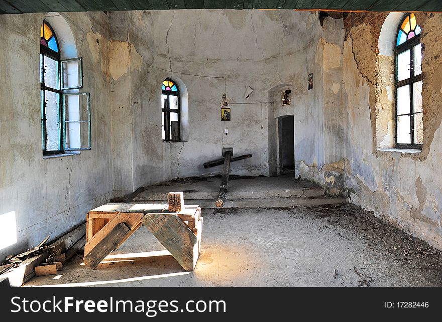 Interior of an old abandoned church in Lindenfeld, near Caransebes, Romania; a lost village. Interior of an old abandoned church in Lindenfeld, near Caransebes, Romania; a lost village