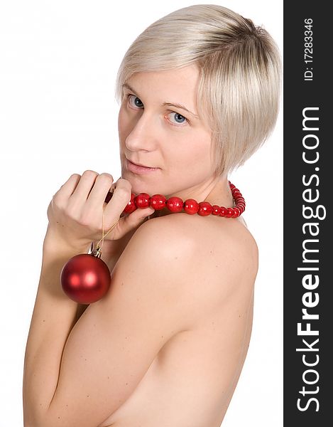 Naked girl in studio with christmas ornaments. Naked girl in studio with christmas ornaments