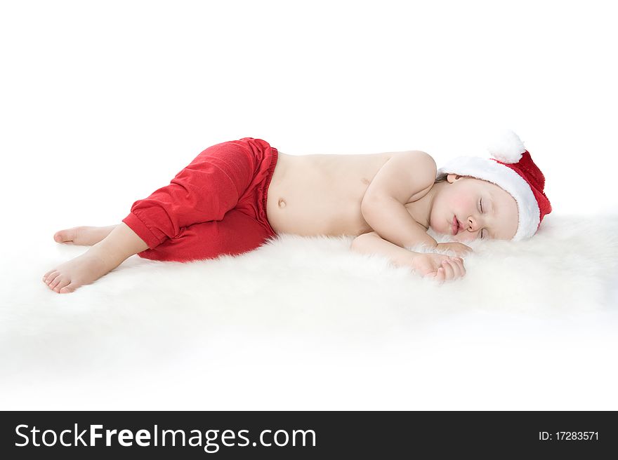 Baby In Christmas Suit Is Sleeping