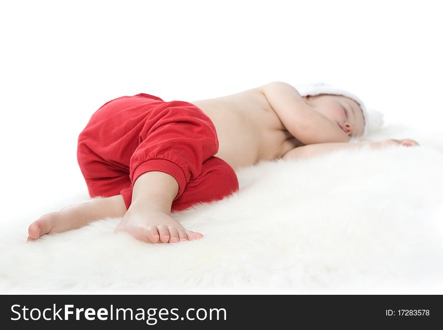 Baby In Christmas Suit Is Sleeping