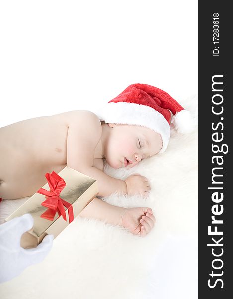 Baby In Christmas Suit Is Sleeping