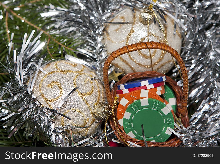 Basket full of chips, gift for Christmas, photo taken in a worm Christmas light